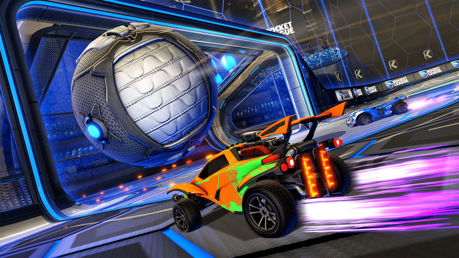 A photo of Rocket League, where a car is hitting a jumbo-sized ball into the opposing team's goal.